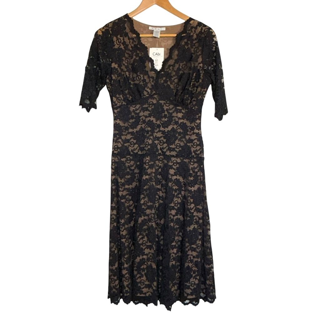 CAbi black lace midi dress V-neckline 3/4 sleeve nude lining MEDIUM NWT